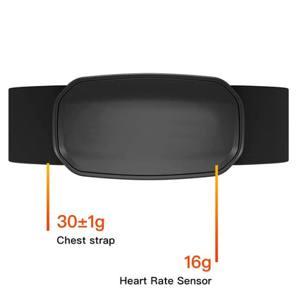 Black chest strap with heart rate sensor and weight measurements on a white background
