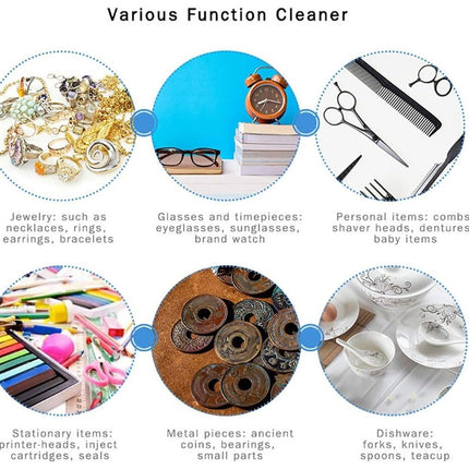 Diagram of various items cleaned by a function cleaner including jewelry, glasses, personal items, stationery, metal pieces, and dishware.