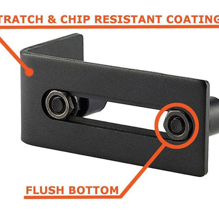 Black metal bracket with text highlighting 'Stretch & Chip Resistant Coating' and 'Flush Bottom' on a white background.