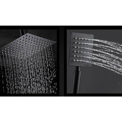 Shower head with water droplets and a handheld shower head with water streams on a black background.