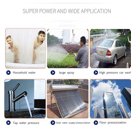 Product demonstration with various applications including household water, large spray, car wash, tap water pressure, solar water supply, and floor pressurization.