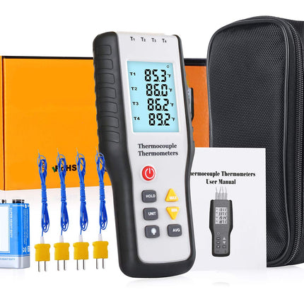Digital thermocouple thermometer kit with a handheld black-and-white temperature meter, orange storage box, black zip case, blue battery, four blue probes with yellow tips, and a user manual on a white background.