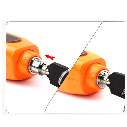 Close-up of an orange tool with a black and silver component on a white background