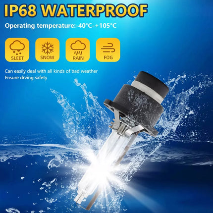 Waterproof device with water splashes on a blue background, featuring text about operating temperature and weather resistance.
