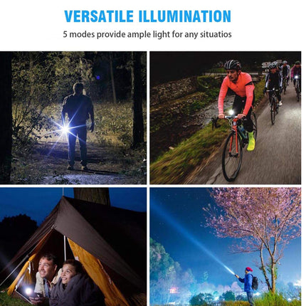 Collage of people using a flashlight in various settings with text about versatile illumination.