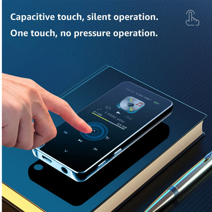 A hand touches a small black smartphone resting on top of a dark book, demonstrating capacitive touch silent operation. White text at the top reads 'Capacitive touch, silent operation.