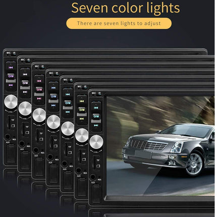 A set of seven black car stereo head units with seven color lights, arranged in a fan-like stack against a dark background, with a Cadillac SUV displayed on the screen of the front unit.