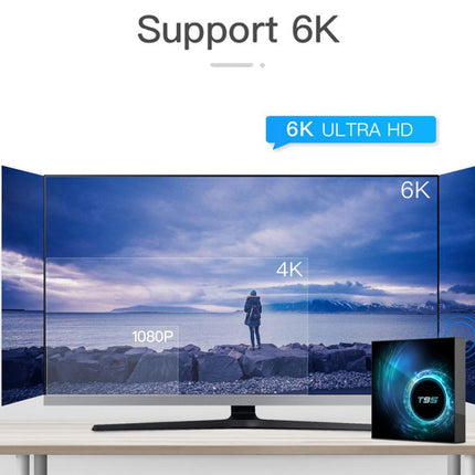 A 6K ultra HD TV display mockup on a white table with a small black streaming box in front, under the text 'Support 6K' and '6K ULTRA HD'.