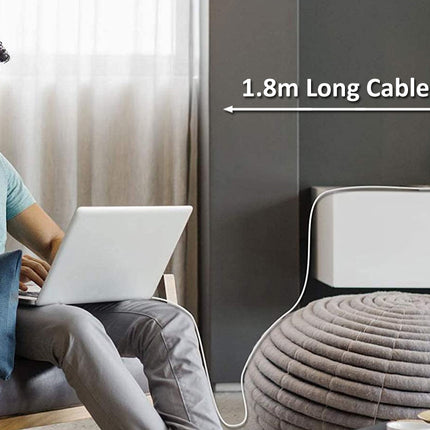 Man using a laptop with a 1.8m long cable displayed on a wall.