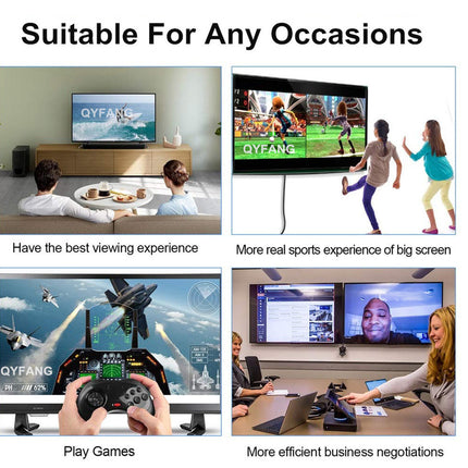 A promotional collage with the headline 'Suitable For Any Occasions' and four inset lifestyle scenes showing a large TV screen in use: a couple watching TV, people playing sports on a screen, hands holding a game controller in front of a monitor, and a business meeting with two people using screens. The word QYFANG appears on the screen content.