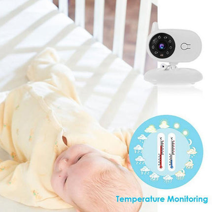 Baby monitor with temperature sensor attached to a crib, showing 'Temperature Monitoring' feature.