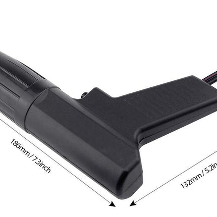 Black handheld device with measurements on a white background