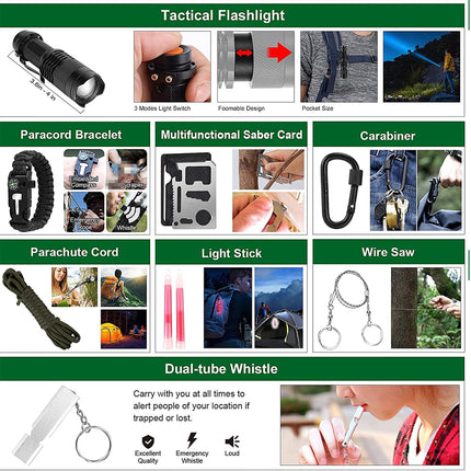 A product collage showing multiple survival and tactical accessories: a tactical flashlight, a paracord bracelet, a multifunctional saber card, a carabiner, a parachute cord, a light stick, a wire saw, and a dual-tube whistle. Each item is shown with small inset photos demonstrating use, on a white background with green header bands.