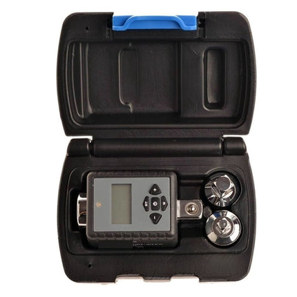 Digital device with a screen and buttons in a black carrying case on a white background