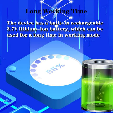 Battery with charging indicator and text about long working time and rechargeable battery on a blue background