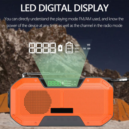 Orange radio with LED digital display against a mountainous background
