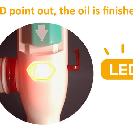A product close-up with text reading 'LED point out, the oil is finished' above a circular inset showing a glowing LED light on a bottle, plus a yellow 'LED' icon on a white background.