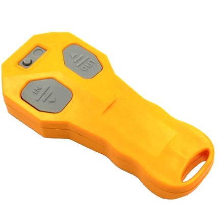 Yellow handheld device with gray buttons on a white background