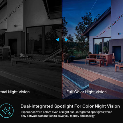 A split-screen comparison graphic showing a house exterior at night under two lighting modes: 'Normal Night Vision' in grayscale on the left, and 'Full-Color Night Vision' in blue-toned color on the right. Text at the bottom reads 'Dual-Integrated Spotlight For Color Night Vision' with a small icon.