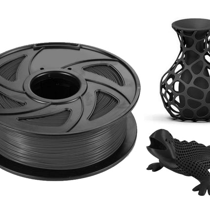 Spool of black 3D printing filament with a printed object and a small model on a white background