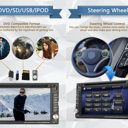 Car multimedia system with DVD/SD/USB/IPOD compatibility and steering wheel control on a white background.