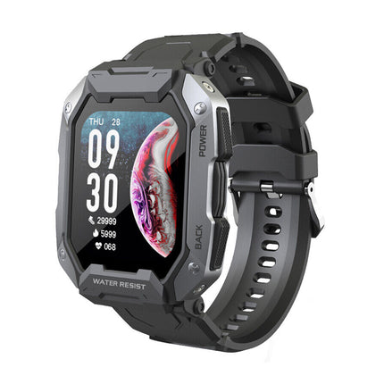 Black rugged smartwatch with a white background