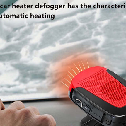 Car heater defogger with red and black design on a car dashboard, used to clear fogged-up windshield.