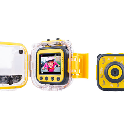 A yellow and black kids' waterproof action camera shown in three views: open case with clear lid, front view with screen on, and back view with buttons. The watch band is yellow and attached to the center camera unit.