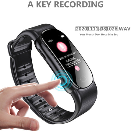 A black smart wristband with a rectangular display screen, shown with a hand touching the band. The image includes text reading 'A KEY RECORDING' and a file format label '20201111-081026.