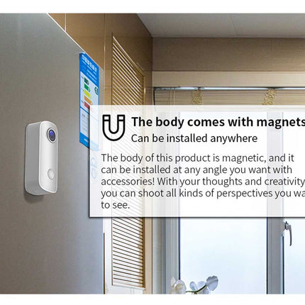 Product with magnetic body on a door, text about installation flexibility.