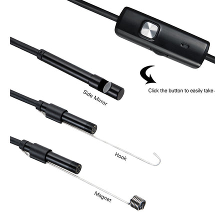 Black inspection camera with side mirror, hook, and magnet attachments on a white background.