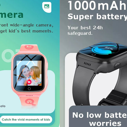 Smartwatch with HD camera and 1000 mAh battery on a green and gray background