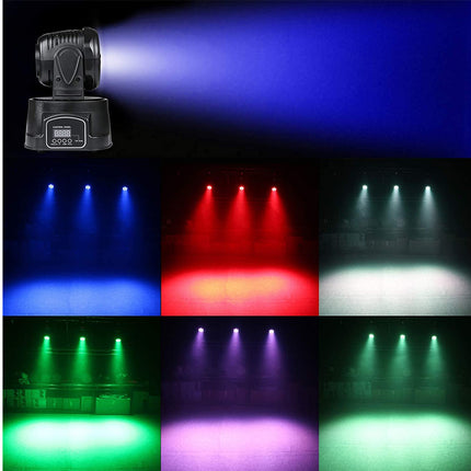 Light effect projector displaying various colored lights on a white background