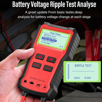 Red battery voltage ripple test analyzer held in a hand with text on screen.