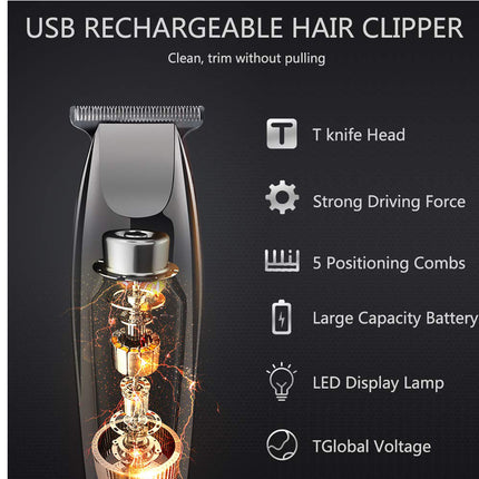 USB rechargeable hair clipper with features listed on a black background