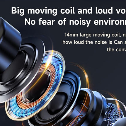 Promotional graphic for a speaker or subwoofer component, showing an exploded view of the internal moving coil mechanism with text reading 'Big moving coil and loud volume' and 'No fear of noisy environment.'.