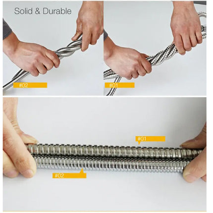Hands pulling on a coiled metal hose to demonstrate its strength and durability.