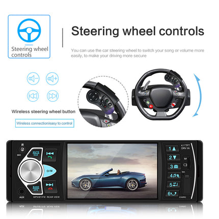 A car stereo dashboard display with a steering wheel control graphic above it, showing the steering wheel icons, wireless button feature, and a large screen displaying a blue convertible car. The display has physical controls on the left and right side.