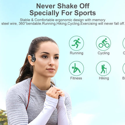 A woman wearing a wireless earbud is shown against a light blue background with promotional text and icons for sports activities including running, cycling, climbing, fitness, hiking, and basketball.