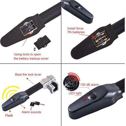 Four-panel product feature diagram showing a black bicycle chain guard with a carbon-fiber-look textured surface, battery compartment, alarm sound effect, LED light, and lock lever instructions on a white background.