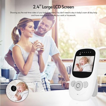 Baby monitor with 2.4" large LCD screen showing a baby and a couple in the background.