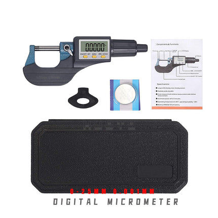 Digital micrometer set with a black and blue precision caliper, black carrying case, instruction booklet, cleaning cloth, and small accessory on a white background.