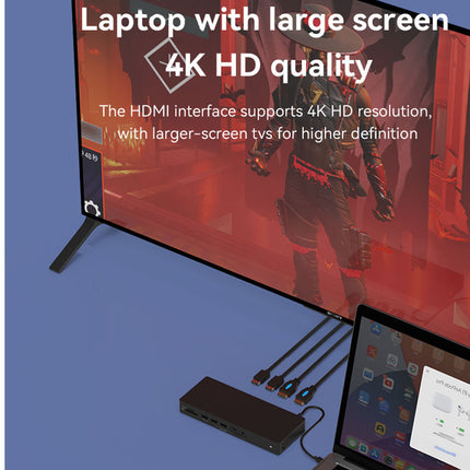 Laptop with large screen displaying a character in a futuristic setting, with text about 4K HD quality and HDMI interface.