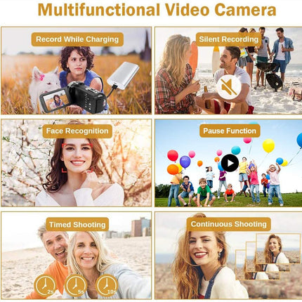 Multifunctional video camera with various features displayed on a white background