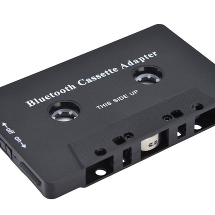 Black cassette tape with Bluetooth cassette adapter labeled on a white background
