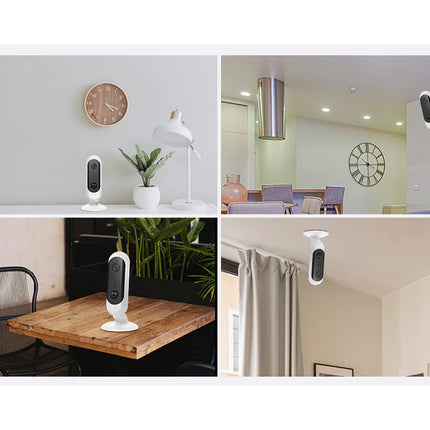 Collage of a white electronic device in various indoor settings.