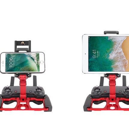 Two red and black smartphone controller mounts shown side by side on a white background, each holding a phone and an iPad respectively. The mounts are displayed to demonstrate compatibility with different devices.