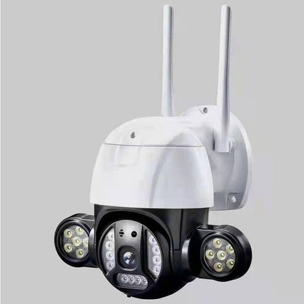 White security camera with multiple LED lights on a gray background