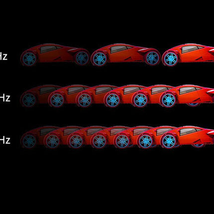 Illustration of a car with different numbers of blue lights labeled 60Hz, 120Hz, and 144Hz on a black background.