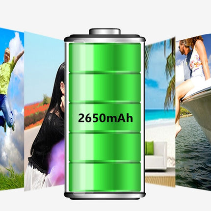 Green battery with 2650mAh capacity surrounded by lifestyle images